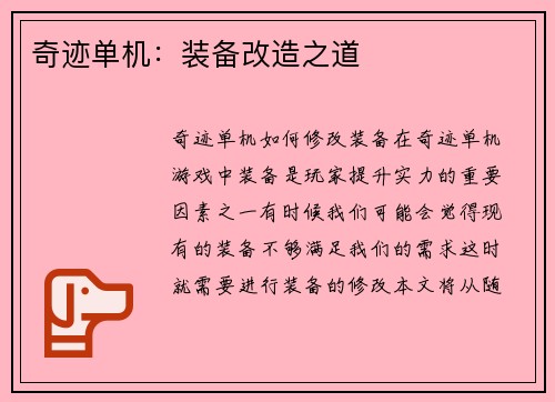 奇迹单机：装备改造之道
